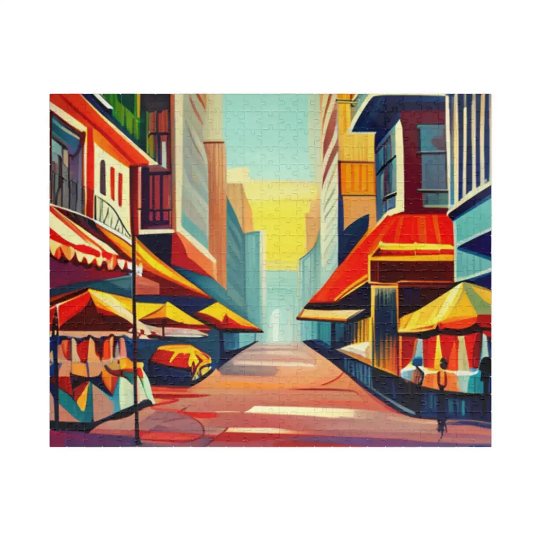 Fine-cut Urban Vibes puzzle, sunset-lit lane framed by vivid orange and blue painted buildings
