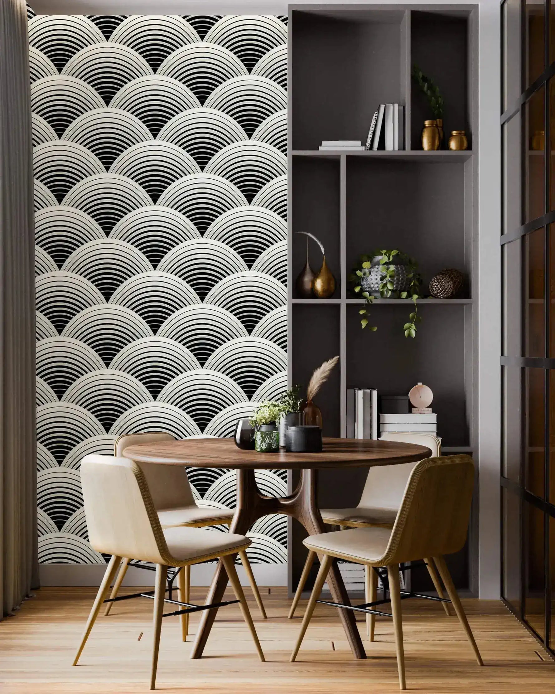 Fish scale art deco wallpaper feature wall, black and white scalloped fans beside a round dining table