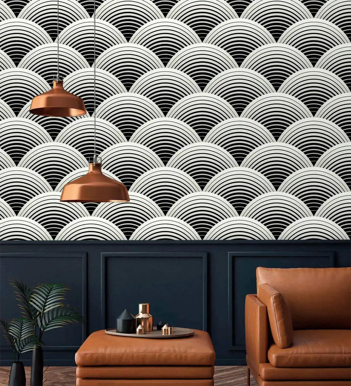 Fish scale art deco wallpaper in black and white scalloped fans above navy paneling with copper pendants