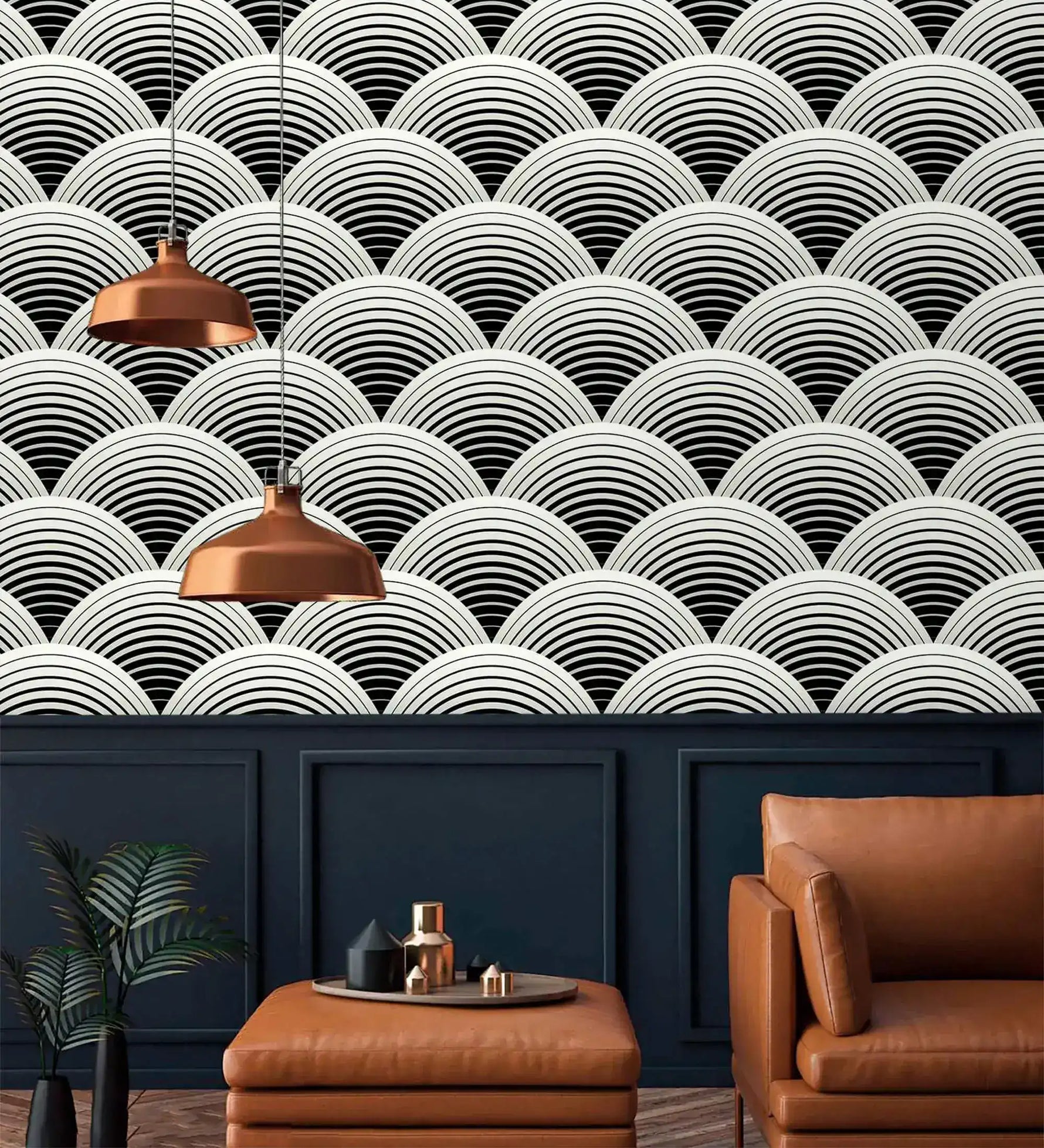 Fish scale art deco wallpaper in black and white scalloped fans above navy paneling with copper pendants