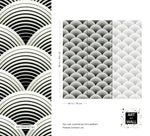 Fish scale art deco wallpaper pattern detail and repeat sizing, layered black and white scalloped arcs