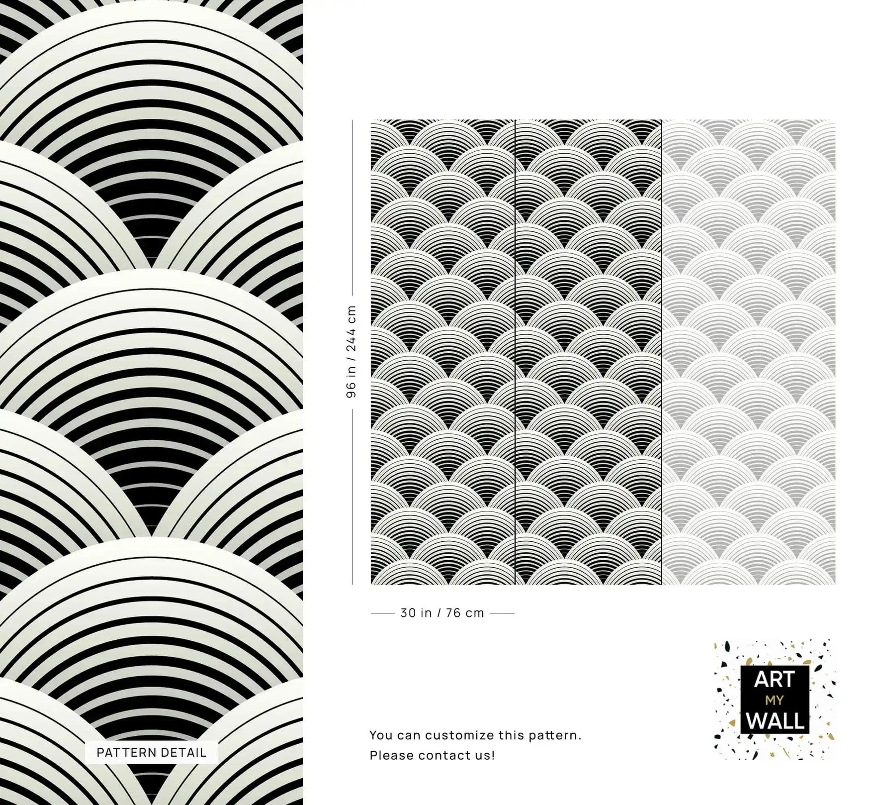 Fish scale art deco wallpaper pattern detail and repeat sizing, layered black and white scalloped arcs
