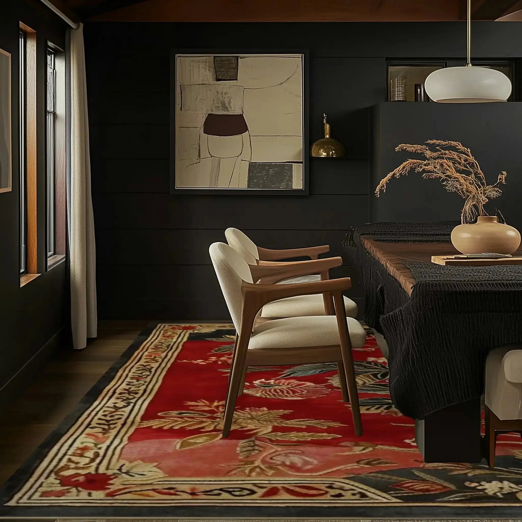 Stylish living room featuring a Flame Blossom Hand Tufted Wool Rug as a large area rug. The vibrant red and floral design complements the elegant wooden chairs and dark walls, creating a cozy atmosphere. Perfect for those seeking rugs for living room or large area rugs for living room.