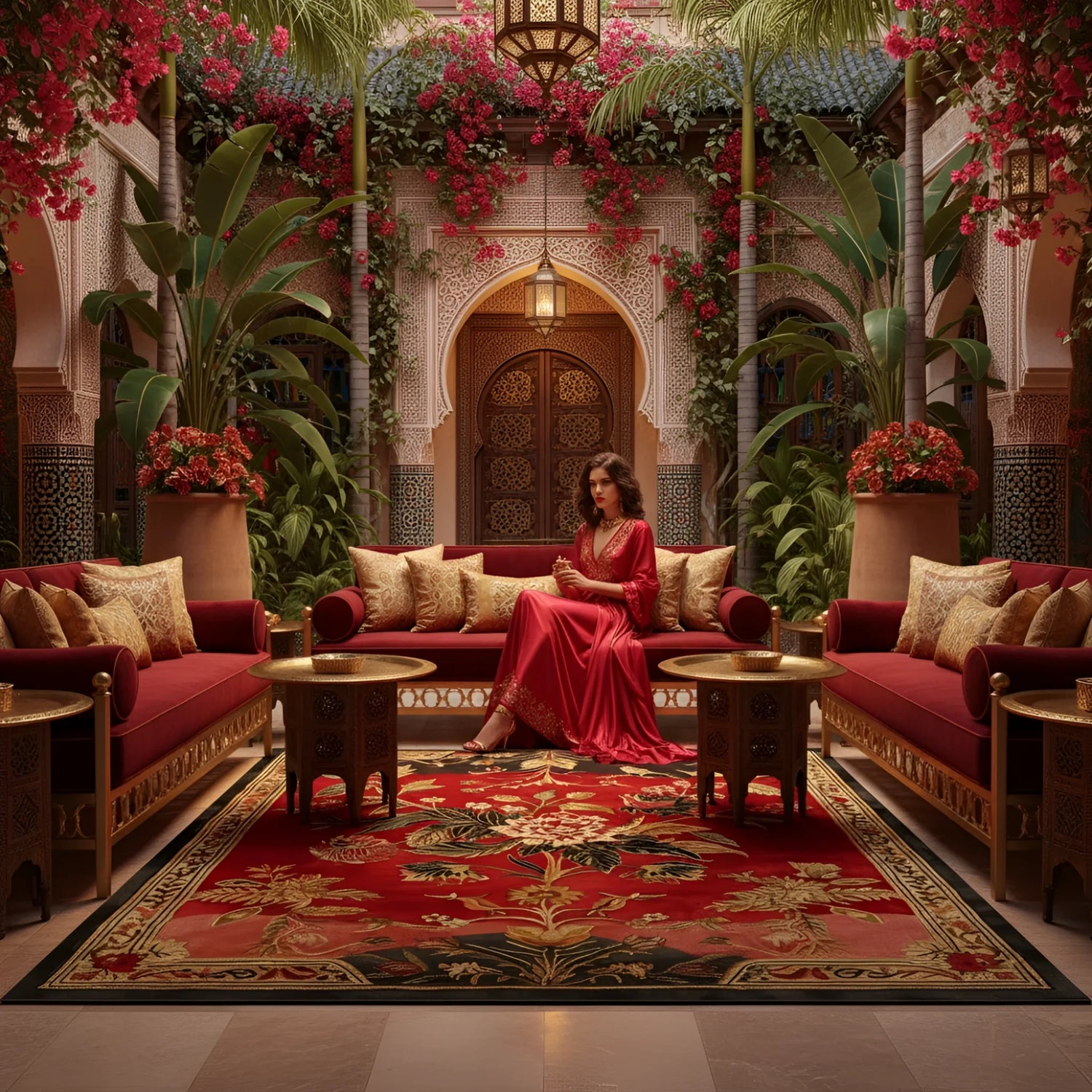 Woman in a red dress sitting on a red sofa in a ornate room with floral decorations and patterned rug.