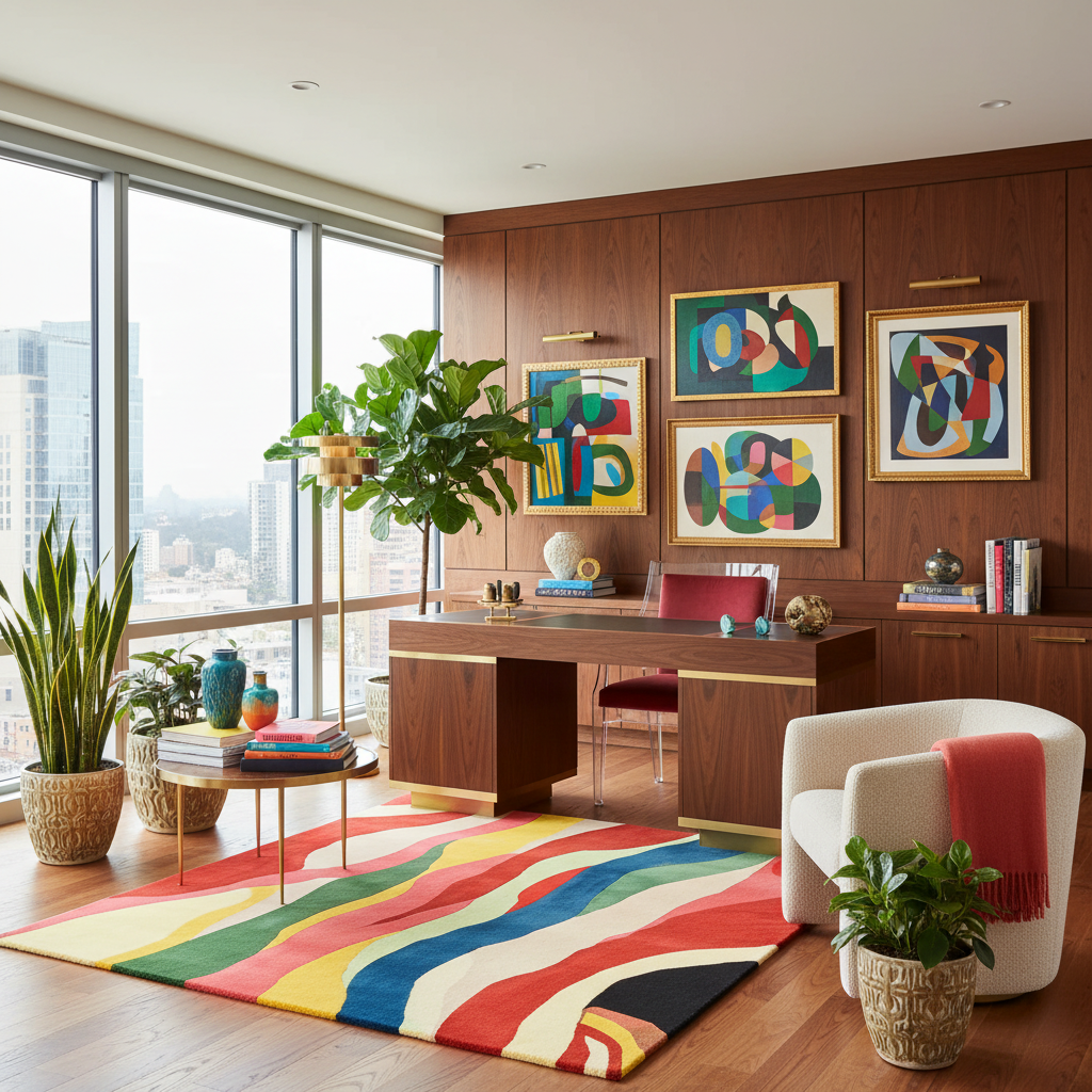 Modern office with wooden desk, colorful rug, and abstract art on a wooden wall.