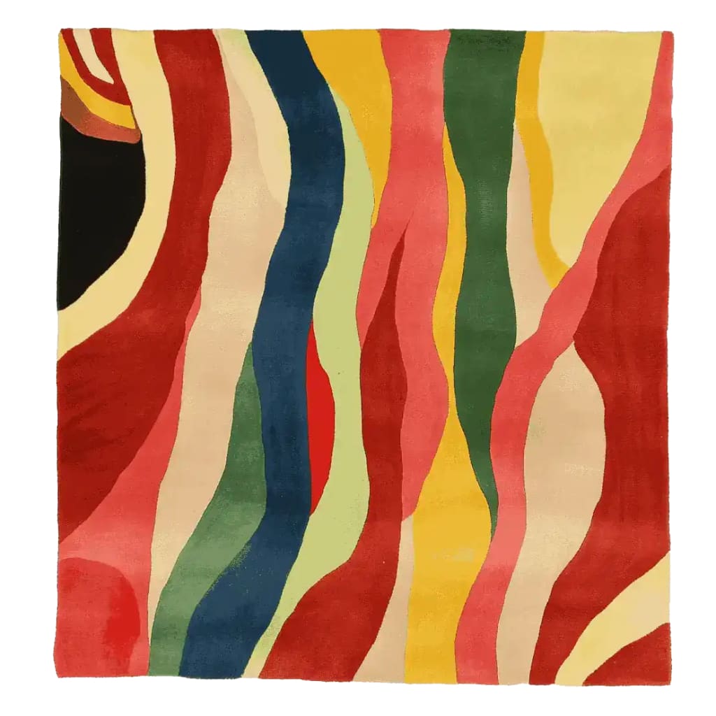 A vibrant, contemporary hand-tufted wool rug with an abstract design in rich colors like red, yellow, and blue. This square area rug is perfect for adding a pop of color to living rooms, available in 8x10 size, blending modern aesthetics with quality craftsmanship.