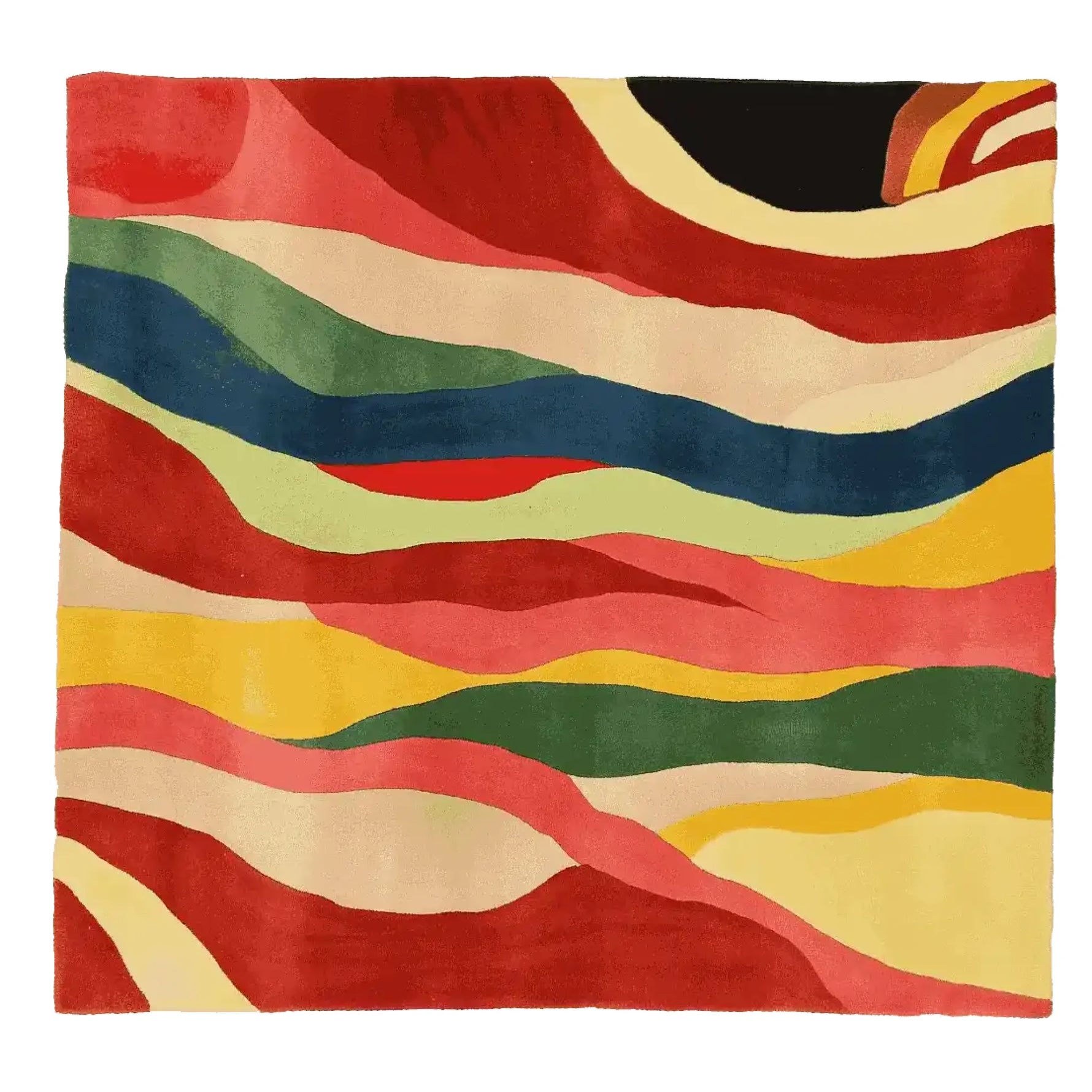 Vibrant Flame Rhythm Hand Tufted Area Rug showcasing an abstract design with flowing red, green, blue, and yellow patterns. This contemporary square area rug is perfect for adding a bold statement to living rooms. Made from high-quality wool, it fits well as an 8x10 living room rug, blending artful aesthetics with comfort.