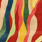 Vibrant Flame Rhythm Hand Tufted Area Rug showcasing bold, wavy stripes in red, yellow, green, and blue hues. Perfect as a square area rug for contemporary living rooms, this wool rug adds a splash of color and modern design to your space. Ideal for those seeking a unique 8x10 living room rug.