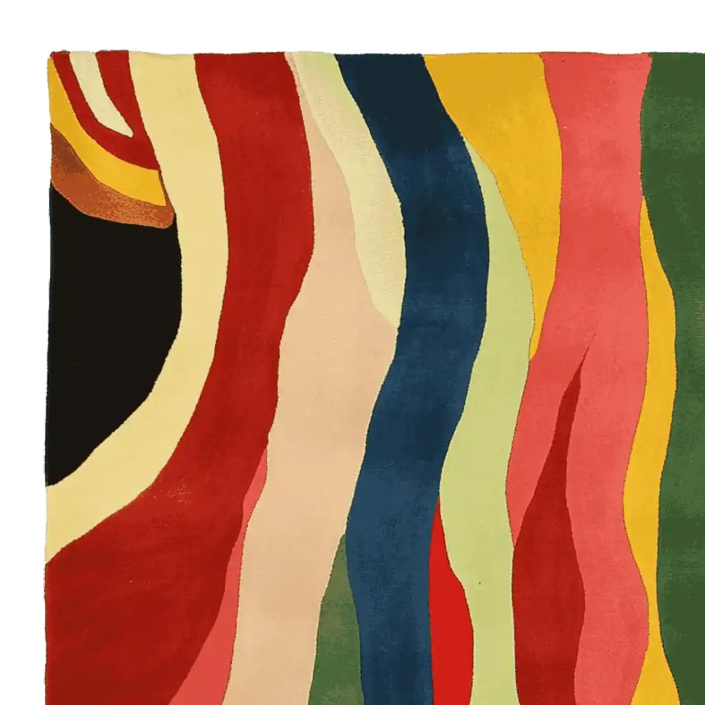 Vibrant Flame Rhythm hand-tufted area rug showcasing a bold, abstract pattern with flowing stripes in red, yellow, blue, and green tones. This contemporary wool rug is perfect for adding a splash of color to living rooms. Ideal as a square area rug or in an 8x10 size for modern spaces.