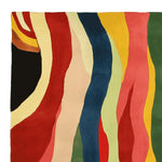 Vibrant Flame Rhythm hand-tufted area rug showcasing a bold, abstract pattern with flowing stripes in red, yellow, blue, and green tones. This contemporary wool rug is perfect for adding a splash of color to living rooms. Ideal as a square area rug or in an 8x10 size for modern spaces.