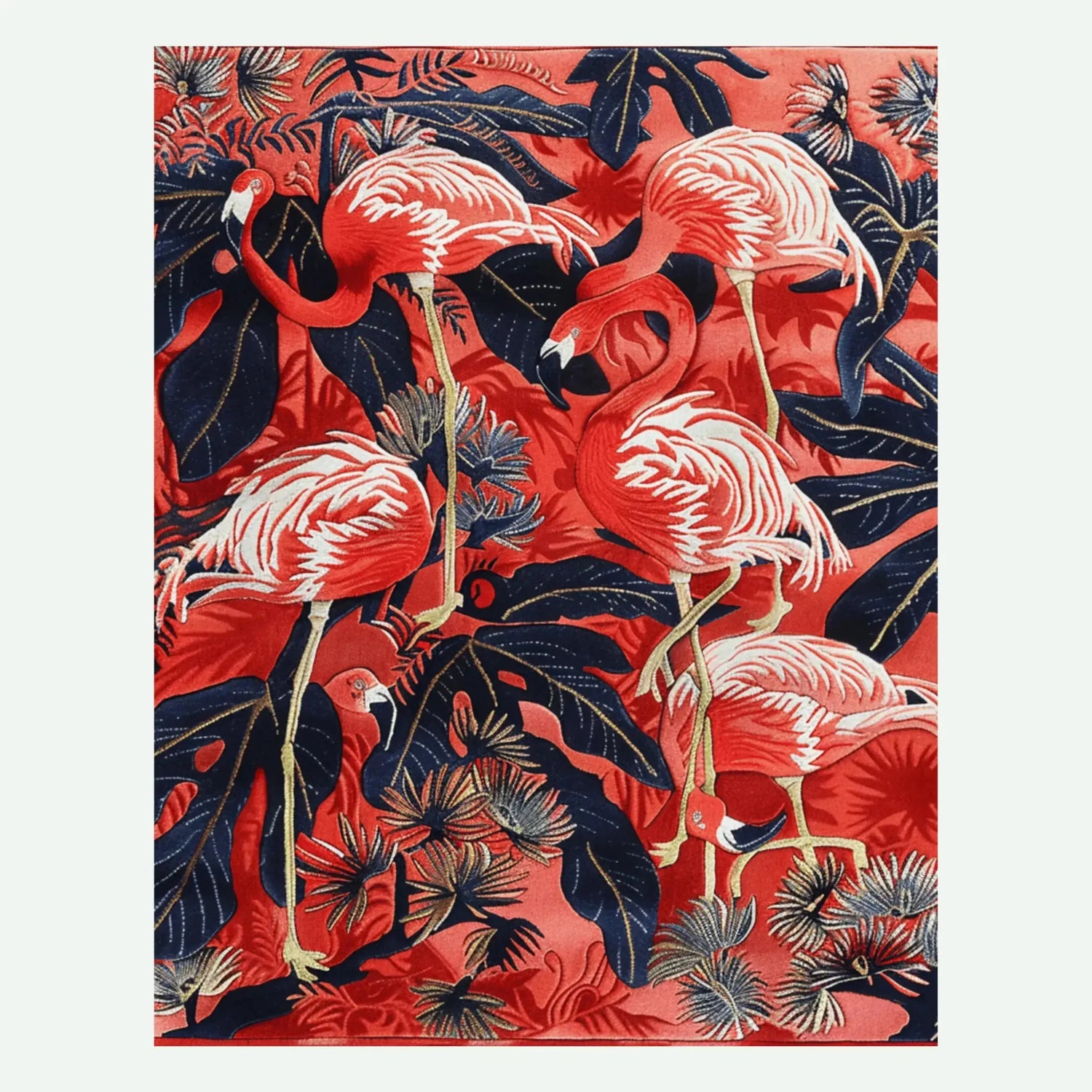 Vibrant Flamingo Fiesta hand-tufted area rug featuring a lively design of pink flamingos and tropical leaves. Perfect for enhancing living room decor, this wool rug adds a splash of color and elegance, making it an ideal choice for those seeking unique rugs for living room spaces.