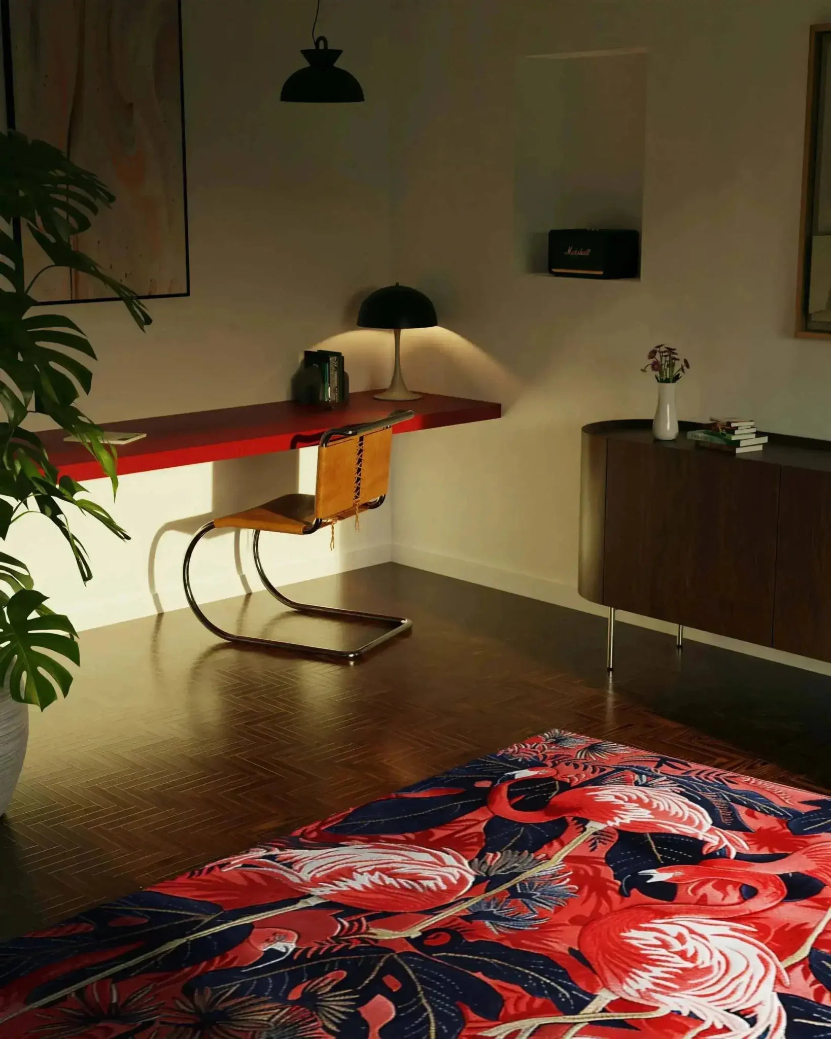 A stylish living room featuring a vibrant Flamingo Fiesta Hand Tufted Area Rug. The wool rug, with its colorful flamingo design, adds a lively touch to the wooden floor. Perfect for living room spaces, this rug enhances the decor with its unique pattern and warm colors.