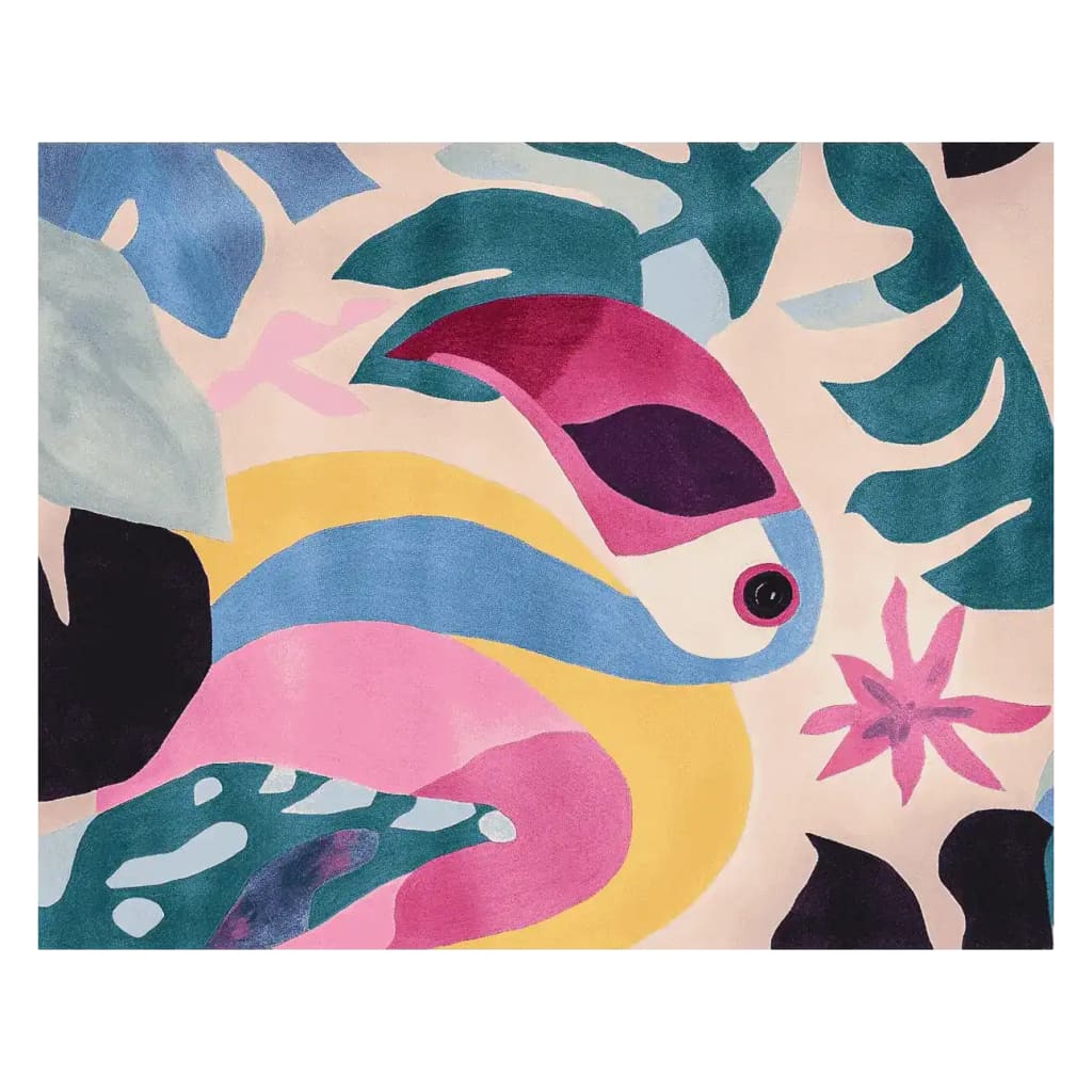 Vibrant Flamingo Forest Rhythm hand tufted area rug with a contemporary design, featuring bold shapes and colors like pink, blue, and green. Ideal for a large living room, this wool rug adds a lively touch to any space.