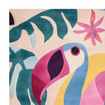 Vibrant area rug featuring a colorful flamingo design with bold pinks, blues, and greens, perfect for contemporary living room decor. This wool rug brings a lively and artistic touch to large living spaces.