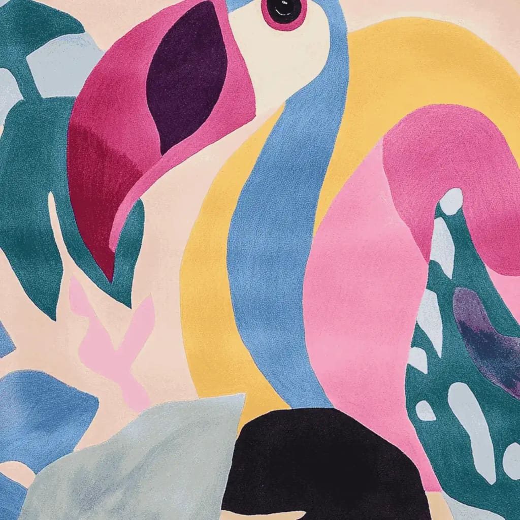 Vibrant Flamingo Forest Rhythm Hand Tufted Area Rug featuring bold pink, blue, and yellow abstract patterns. Perfect as a contemporary rug for large living rooms, this wool rug adds a splash of color and style.
