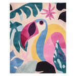 The Flamingo Forest Rhythm Hand Tufted Rug is a vibrant area rug featuring a contemporary design with bold colors and abstract patterns. Ideal for adding a splash of color to large living rooms, this wool rug combines pinks, blues, and yellows with tropical motifs, offering a modern touch to your home decor.