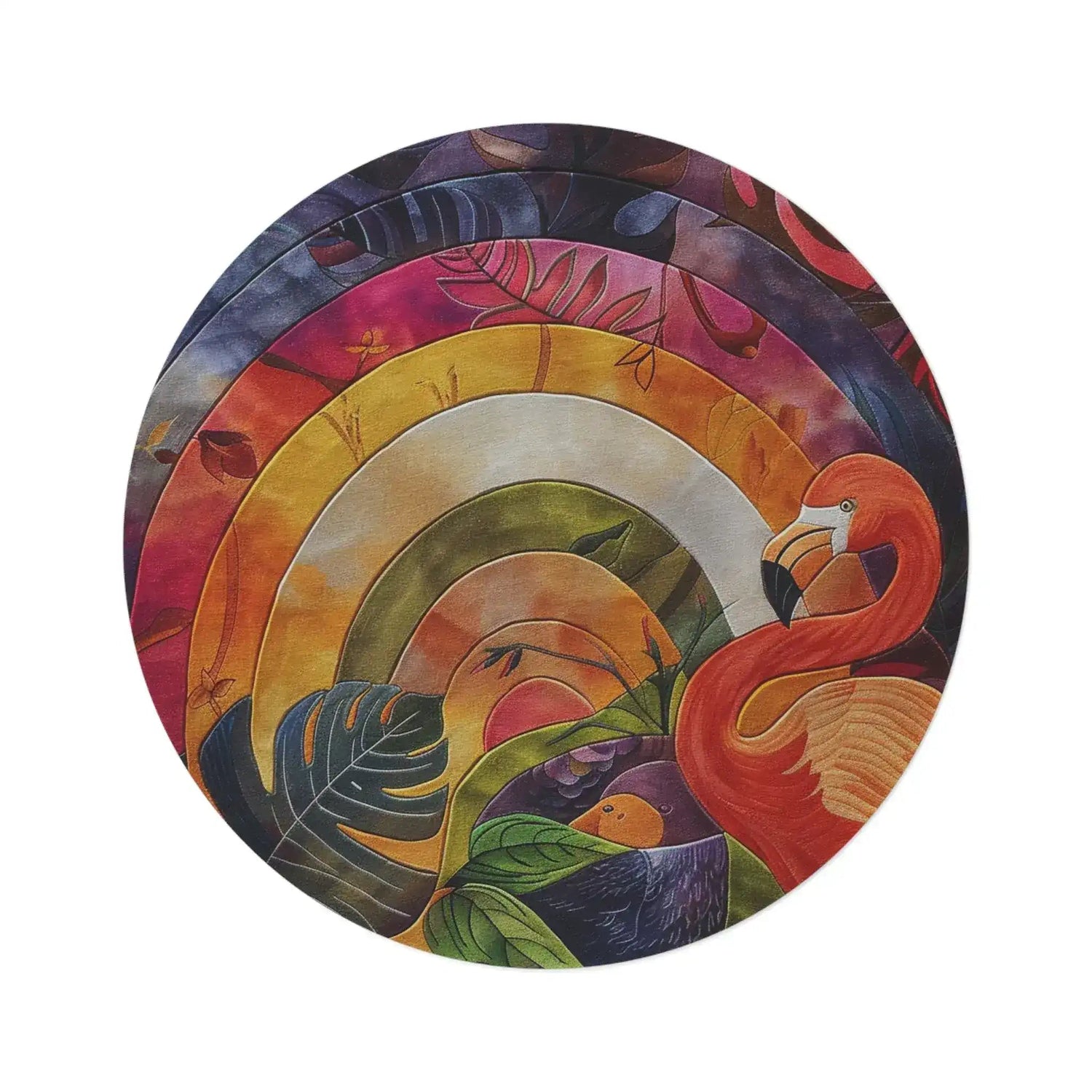 Flamingo Rainbow Garden Round Rug circular tropical art flamingo bird monstera leaves rainbow rings navy orange yellow