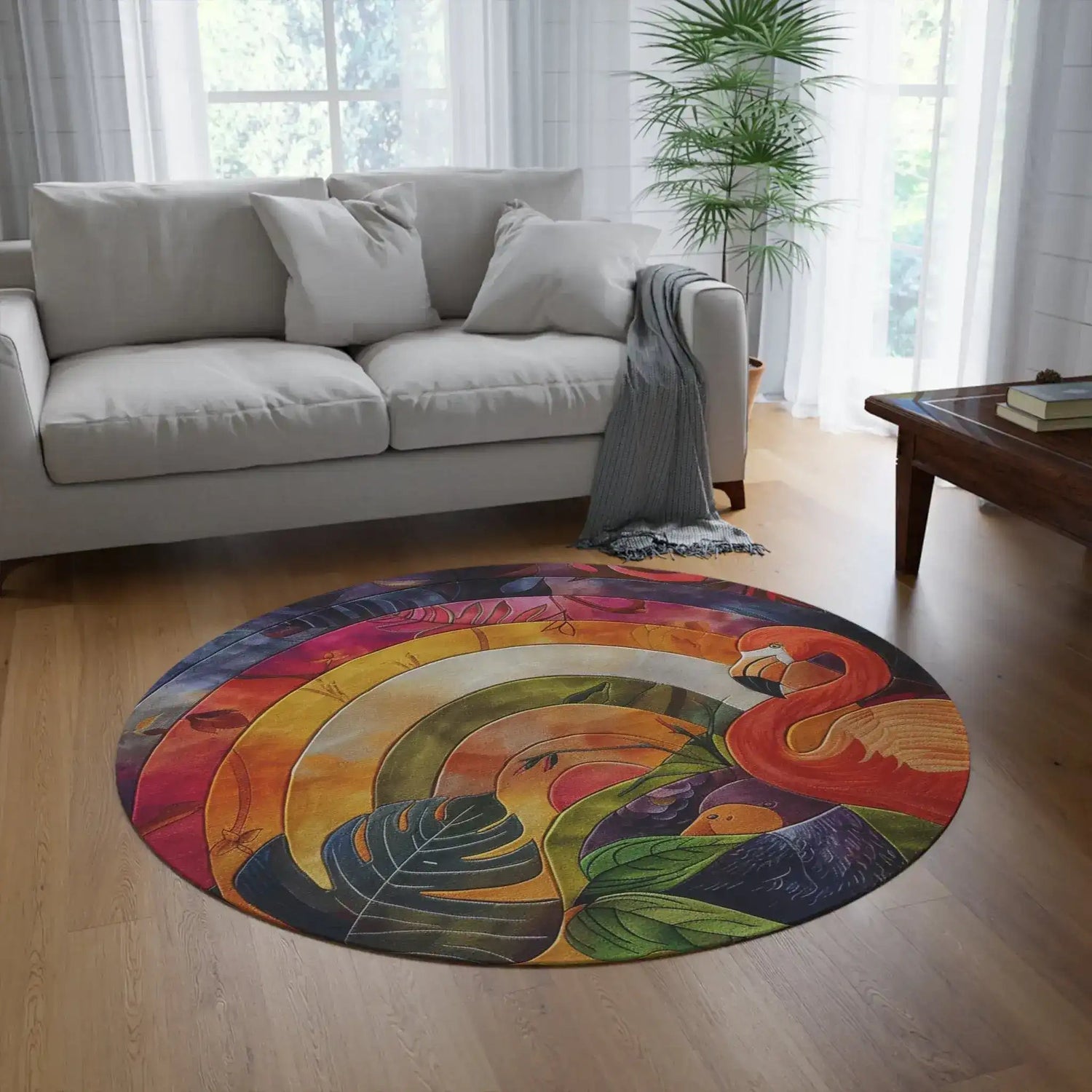 Flamingo Rainbow Garden Round Rug in living room on hardwood floor tropical flamingo rainbow rings colorful art