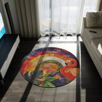 Flamingo Rainbow Garden Round Rug in modern lounge between TV unit and sofa tropical flamingo rainbow swirl art