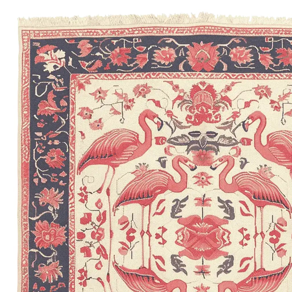 The Flamingo Reverie Hand Knotted Rug showcases a vibrant design featuring stylized flamingos and intricate floral patterns. This vintage area rug, perfect for living rooms, is crafted from wool, offering a luxurious and durable addition to any home's decor.
