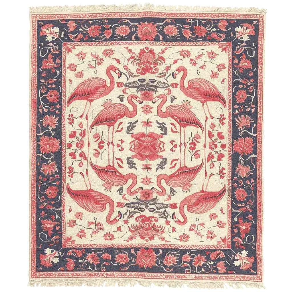 The Flamingo Reverie Hand Knotted Area Rug showcases an elegant vintage design featuring vibrant flamingos and floral patterns. Perfect for adding a touch of sophistication to your living room, this wool rug combines artistry and quality craftsmanship, making it an ideal choice for living room area rugs.