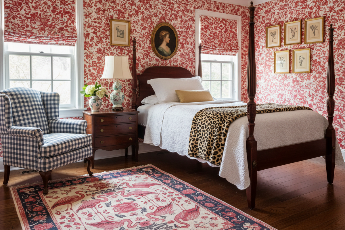 Decorative bedroom with floral wallpaper, checkered chair, and patterned rug.