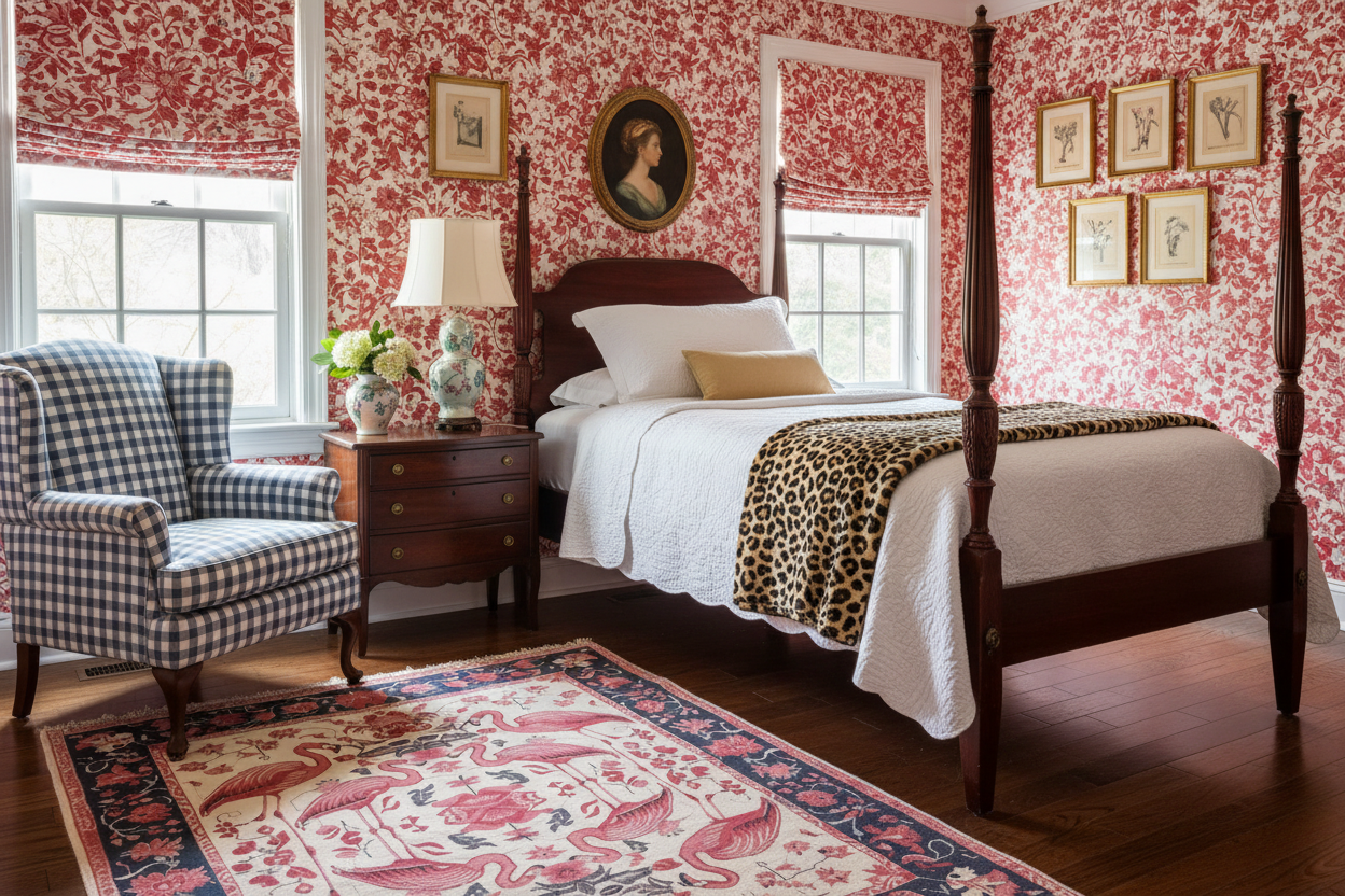 Decorative bedroom with floral wallpaper, checkered chair, and patterned rug.