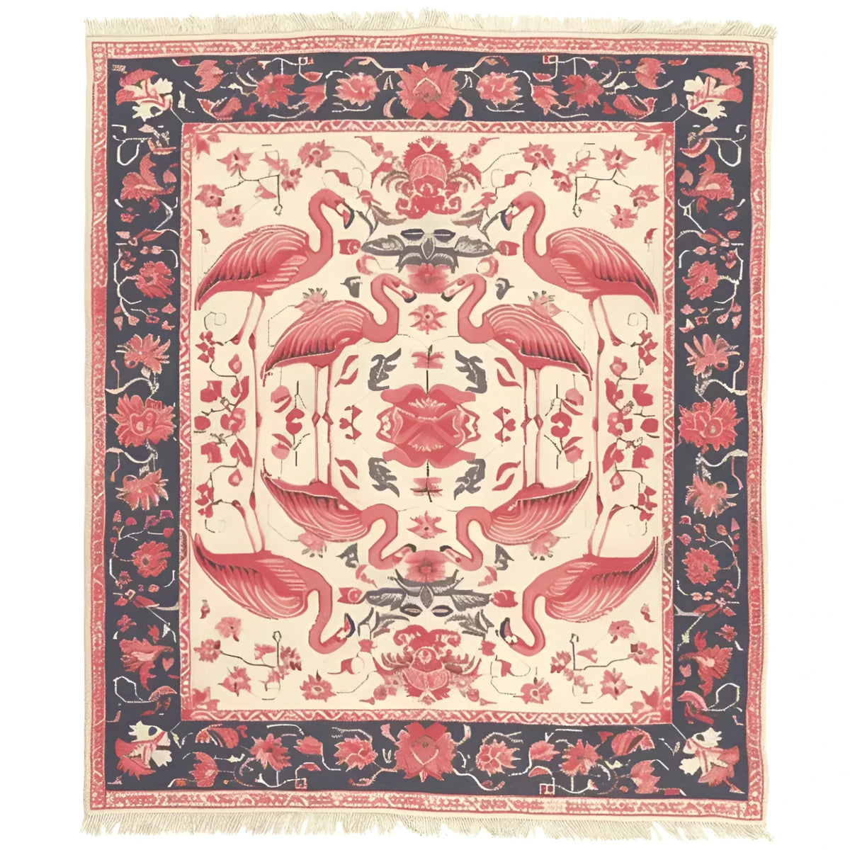 The Flamingo Reverie Hand Knotted Area Rug showcases an elegant vintage design featuring vibrant flamingos and floral patterns. Perfect for adding a touch of sophistication to your living room, this wool rug combines artistry and quality craftsmanship, making it an ideal choice for living room area rugs.