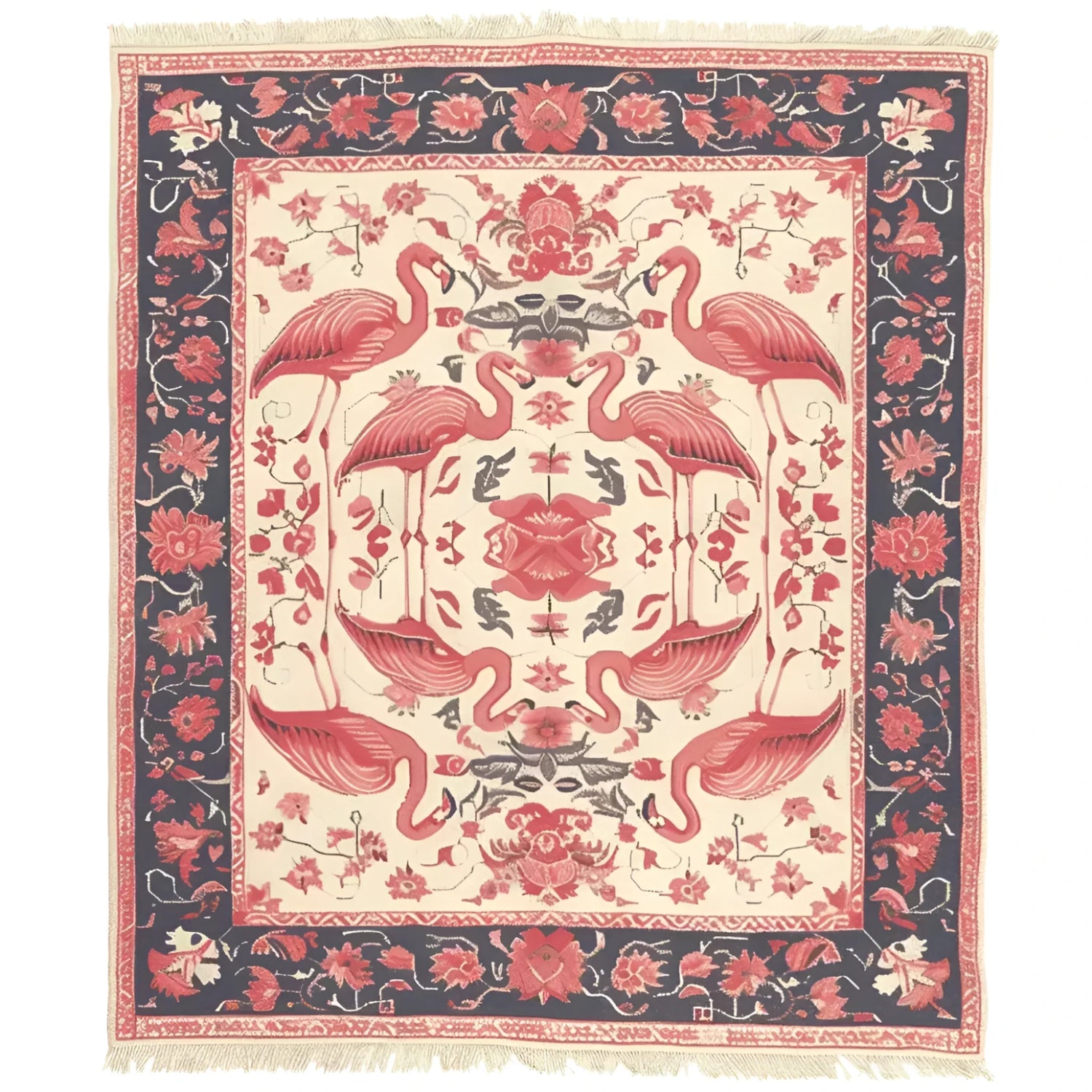 The Flamingo Reverie Hand Knotted Area Rug showcases an elegant vintage design featuring vibrant flamingos and floral patterns. Perfect for adding a touch of sophistication to your living room, this wool rug combines artistry and quality craftsmanship, making it an ideal choice for living room area rugs.