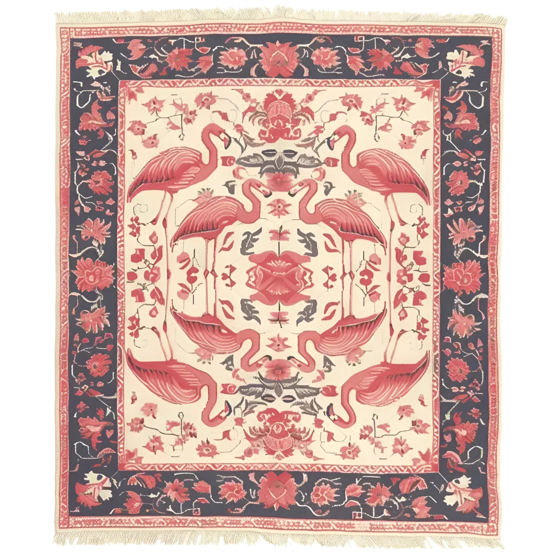 The Flamingo Reverie Hand Knotted Area Rug showcases an elegant vintage design featuring vibrant flamingos and floral patterns. Perfect for adding a touch of sophistication to your living room, this wool rug combines artistry and quality craftsmanship, making it an ideal choice for living room area rugs.