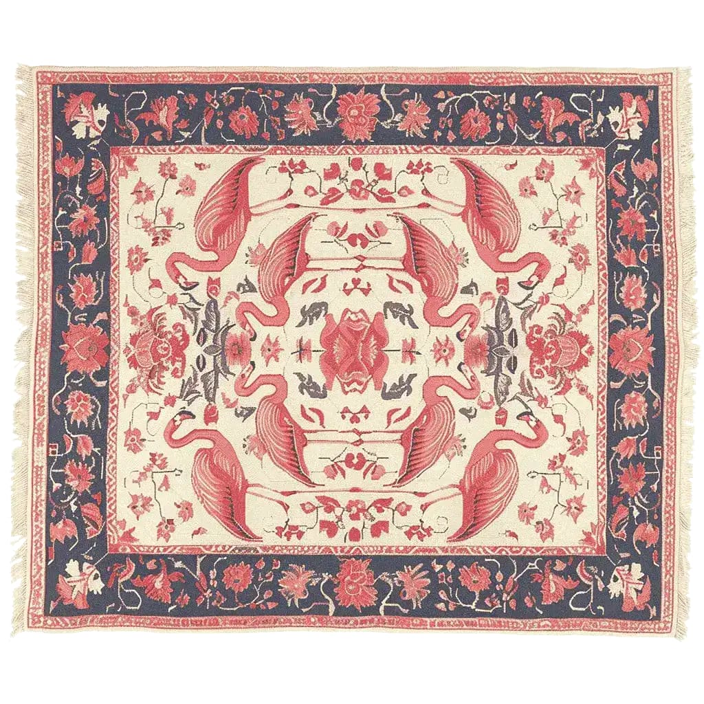 A beautifully designed Flamingo Reverie area rug, showcasing an intricate vintage pattern with elegant flamingos and floral motifs. Perfect for adding a touch of sophistication to your living room, this wool rug combines artistry and comfort, making it an ideal choice for living room area rugs.