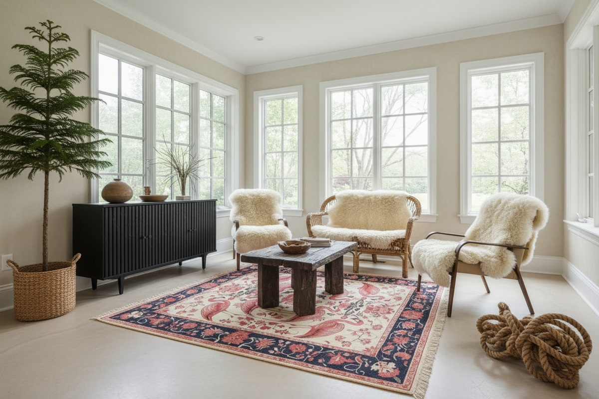 Living room with white walls, large windows, floral rug, and decorative furniture.