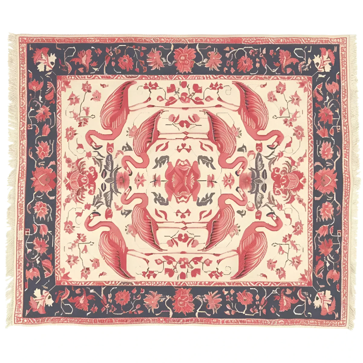 A beautifully designed Flamingo Reverie area rug, showcasing an intricate vintage pattern with elegant flamingos and floral motifs. Perfect for adding a touch of sophistication to your living room, this wool rug combines artistry and comfort, making it an ideal choice for living room area rugs.