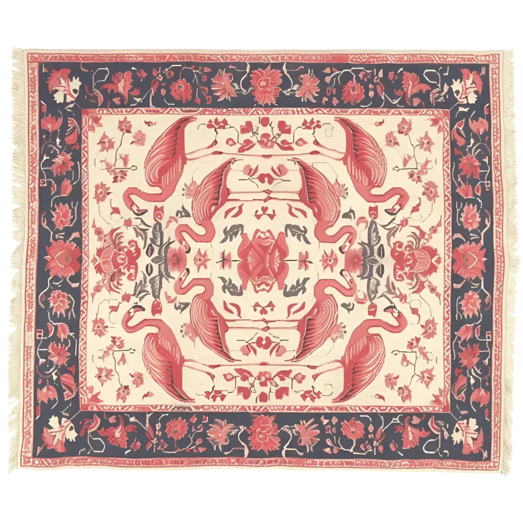 A beautifully designed Flamingo Reverie area rug, showcasing an intricate vintage pattern with elegant flamingos and floral motifs. Perfect for adding a touch of sophistication to your living room, this wool rug combines artistry and comfort, making it an ideal choice for living room area rugs.