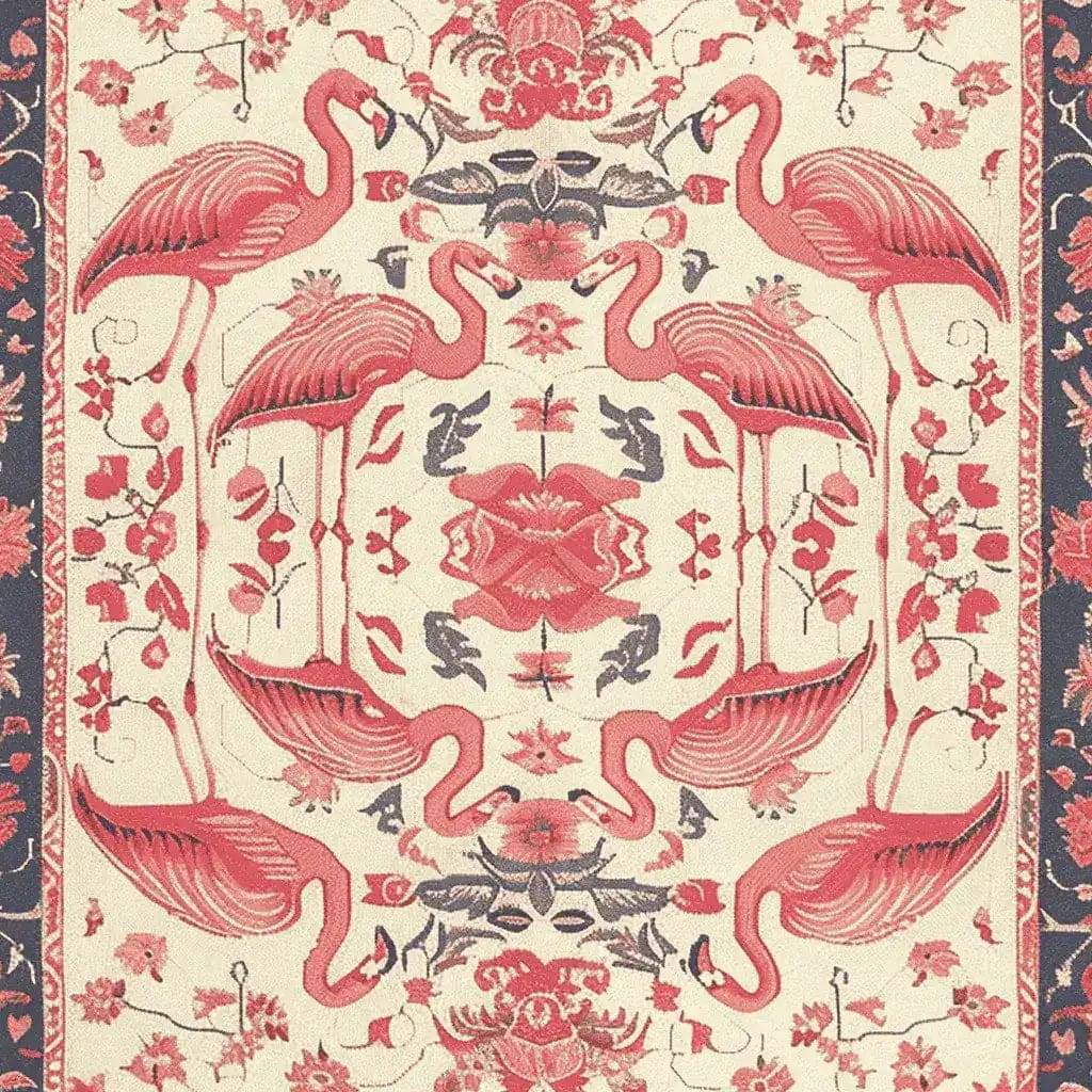 A beautifully designed Area Rug featuring an intricate vintage style with a pattern of flamingos and floral motifs. This wool rug is perfect for adding elegance to living room spaces. The detailed craftsmanship makes it a standout piece among living room area rugs.