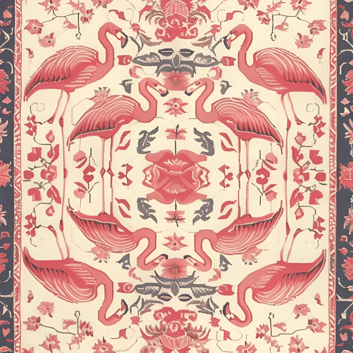 A beautifully designed Area Rug featuring an intricate vintage style with a pattern of flamingos and floral motifs. This wool rug is perfect for adding elegance to living room spaces. The detailed craftsmanship makes it a standout piece among living room area rugs.