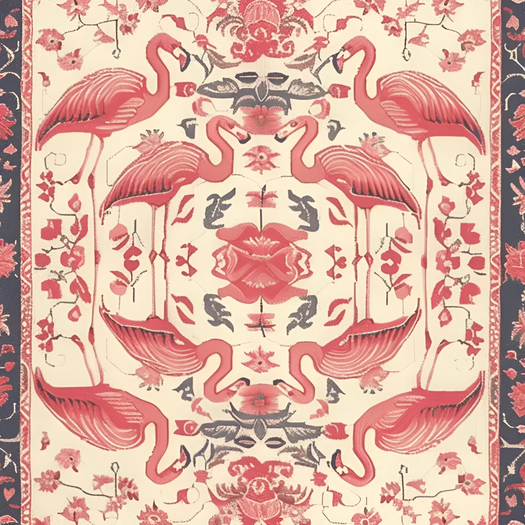A beautifully designed Area Rug featuring an intricate vintage style with a pattern of flamingos and floral motifs. This wool rug is perfect for adding elegance to living room spaces. The detailed craftsmanship makes it a standout piece among living room area rugs.