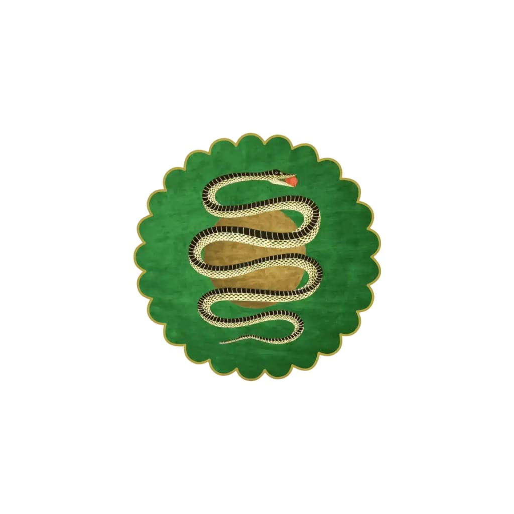 Flat overhead shot of the scalloped green snake and apple rug, striped serpent centered