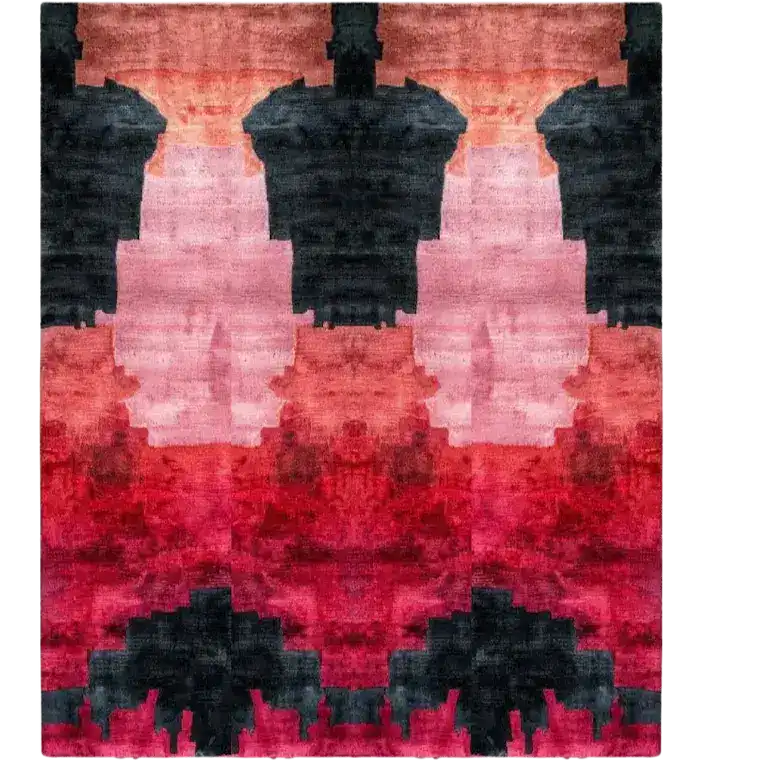 Flat view of an abstract wool runner with symmetrical pink, coral, crimson, and charcoal ombre watercolor pattern
