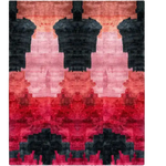 Flat view of an abstract wool runner with symmetrical pink, coral, crimson, and charcoal ombre watercolor pattern