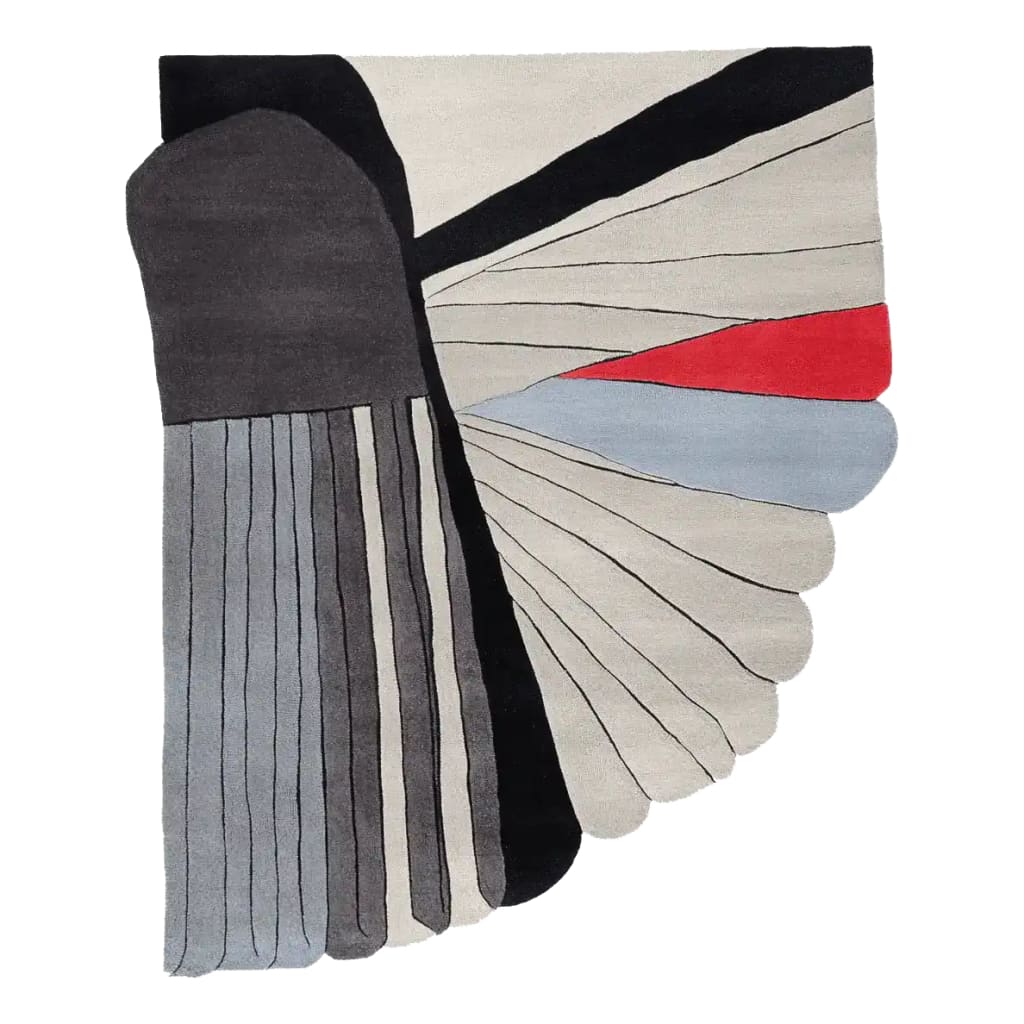 Contemporary Flight Diagram Hand Tufted Area Rug featuring an abstract design in black, grey, red, and blue tones. Ideal for modern living rooms, this wool rug adds a touch of sophistication to any space. Perfect as a large living room rug.