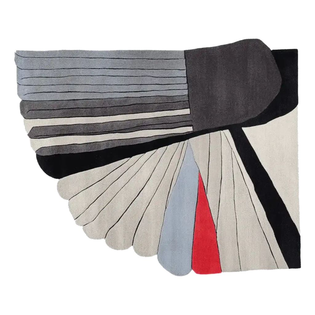 A stunning area rug featuring a contemporary abstract design with bold geometric shapes in shades of gray, black, red, and blue. This wool rug is perfect for adding a stylish touch to large living room spaces, making it an ideal choice for those seeking modern rugs for living room decor.