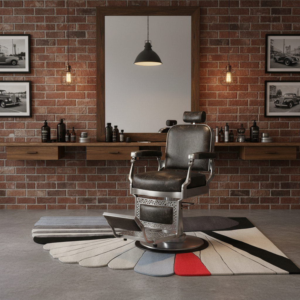 Barbershop interior with a vintage-style chair, brick wall, and framed pictures.