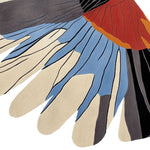 Close-up view of the Flight Form Field Hand Tufted Area Rug, showcasing a contemporary abstract design with vibrant blue, red, and orange patterns, perfect for enhancing any living room space. This wool rug offers both style and comfort, making it an ideal choice for those seeking modern area rugs for living room settings.