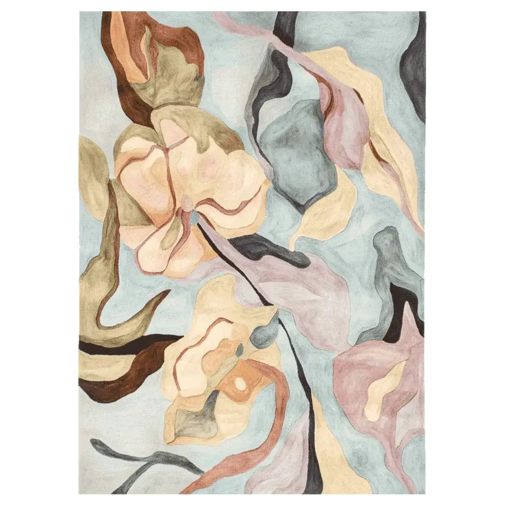 Top view of the Floating Dreams Hand Tufted Area Rug showcasing an abstract floral design in muted tones. Perfect for adding a contemporary touch to any living room, this large wool rug blends earthy hues with soft pastels, making it an ideal choice for those seeking stylish rugs for their living room.