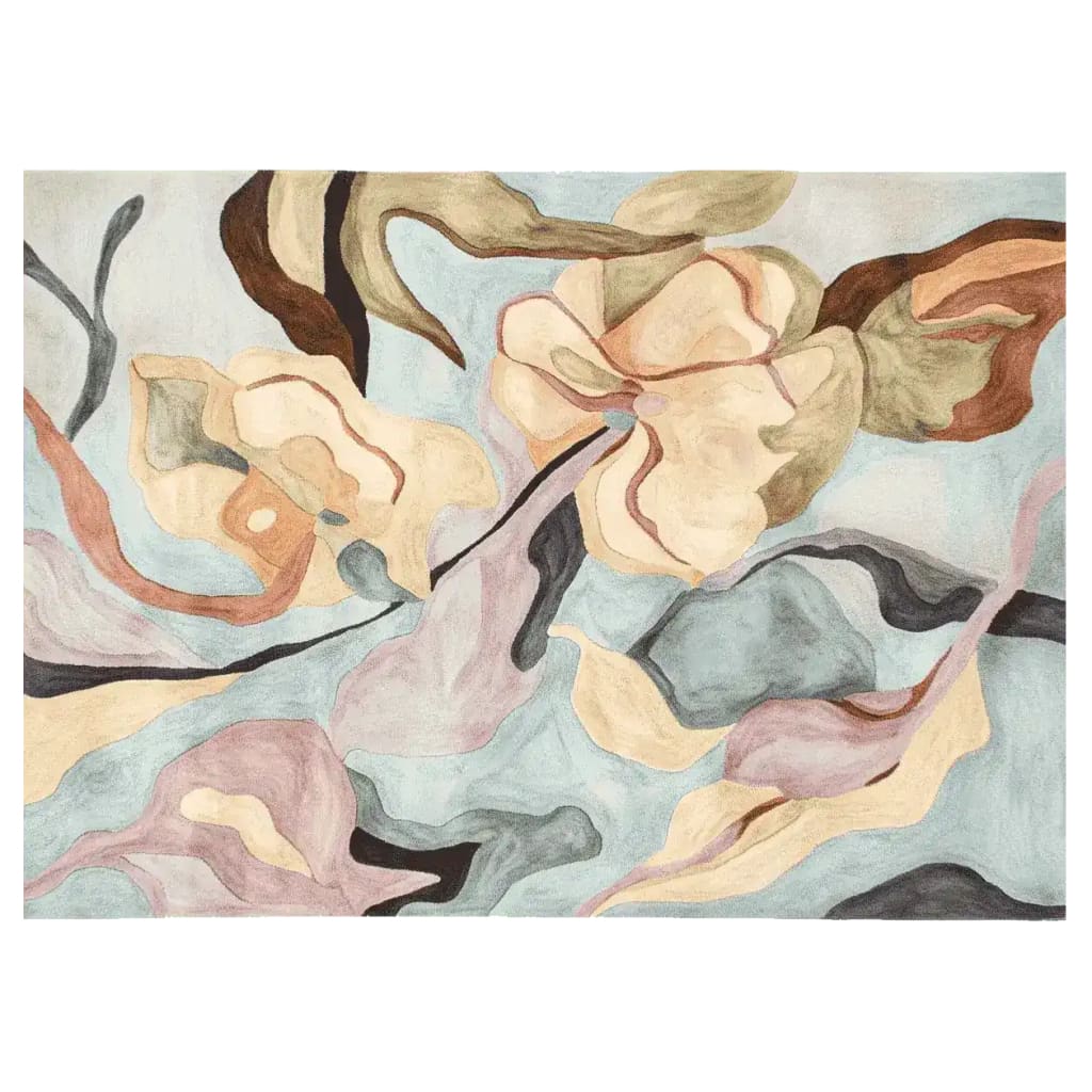 This image showcases the 'Floating Dreams Hand Tufted Rug', an elegant area rug perfect for contemporary living rooms. The rug features an abstract floral pattern in soft, muted tones, making it a standout choice for large living room rugs. Crafted from high-quality wool, this rug is not only stylish but also durable, offering a cozy feel underfoot.