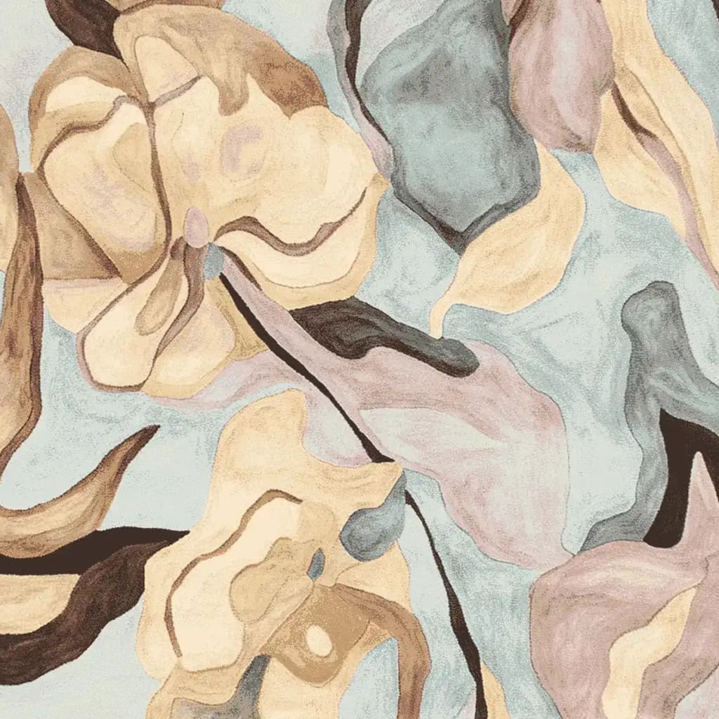 A close-up view of the Floating Dreams Hand Tufted Rug, featuring an abstract floral design in soft beige, blue, and pink tones. This contemporary area rug is made of high-quality wool, perfect for adding a touch of elegance to large living room spaces. Ideal for those seeking stylish rugs for living rooms.