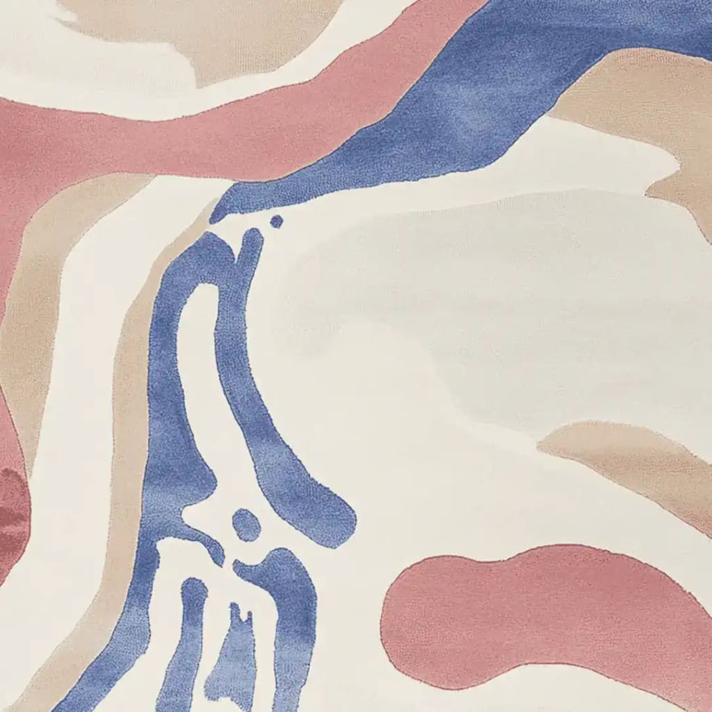 A close-up view of the Floating Form Echo Hand Tufted Area Rug, showcasing its contemporary abstract design in soft pink, blue, and neutral tones. This wool rug adds a modern touch to living room area rugs with its unique color palette and intricate pattern.