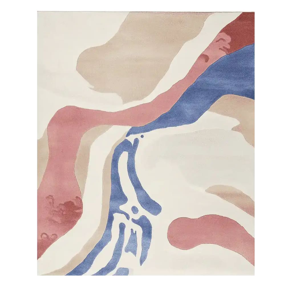 A contemporary wool area rug with a hand-tufted abstract design in soft beige, blue, and pink tones, perfect for modern living room decor.