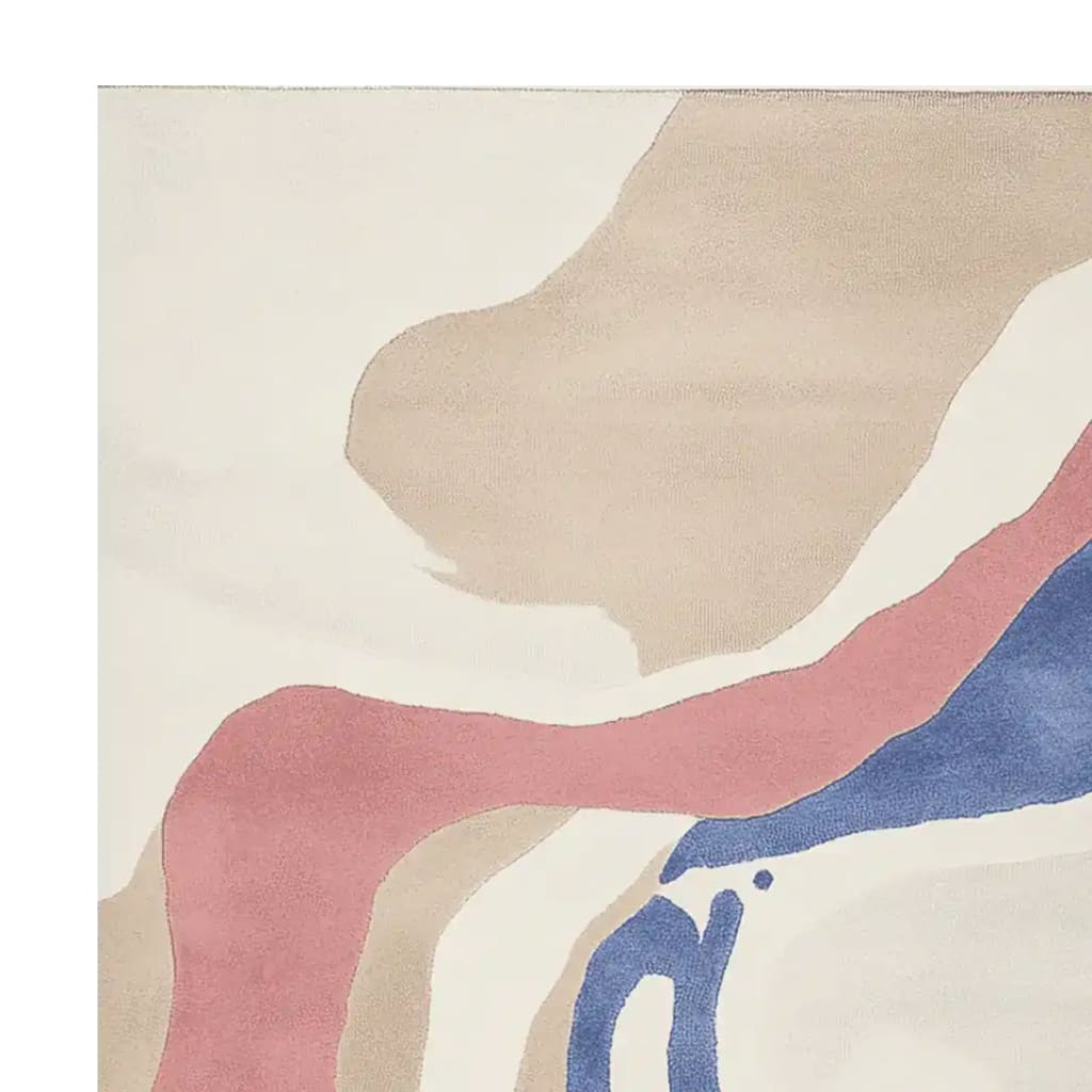 A close-up view of the Floating Form Echo Hand Tufted Rug, showcasing its abstract design with soft beige, pink, and blue tones. This contemporary wool area rug adds a modern touch to any living room, perfect for enhancing your space with style.